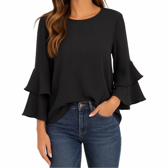 J. Crew Tops - J.Crew Black Ruffle Sleeve Blouse Size 6 Keyhole Back Flowy Top